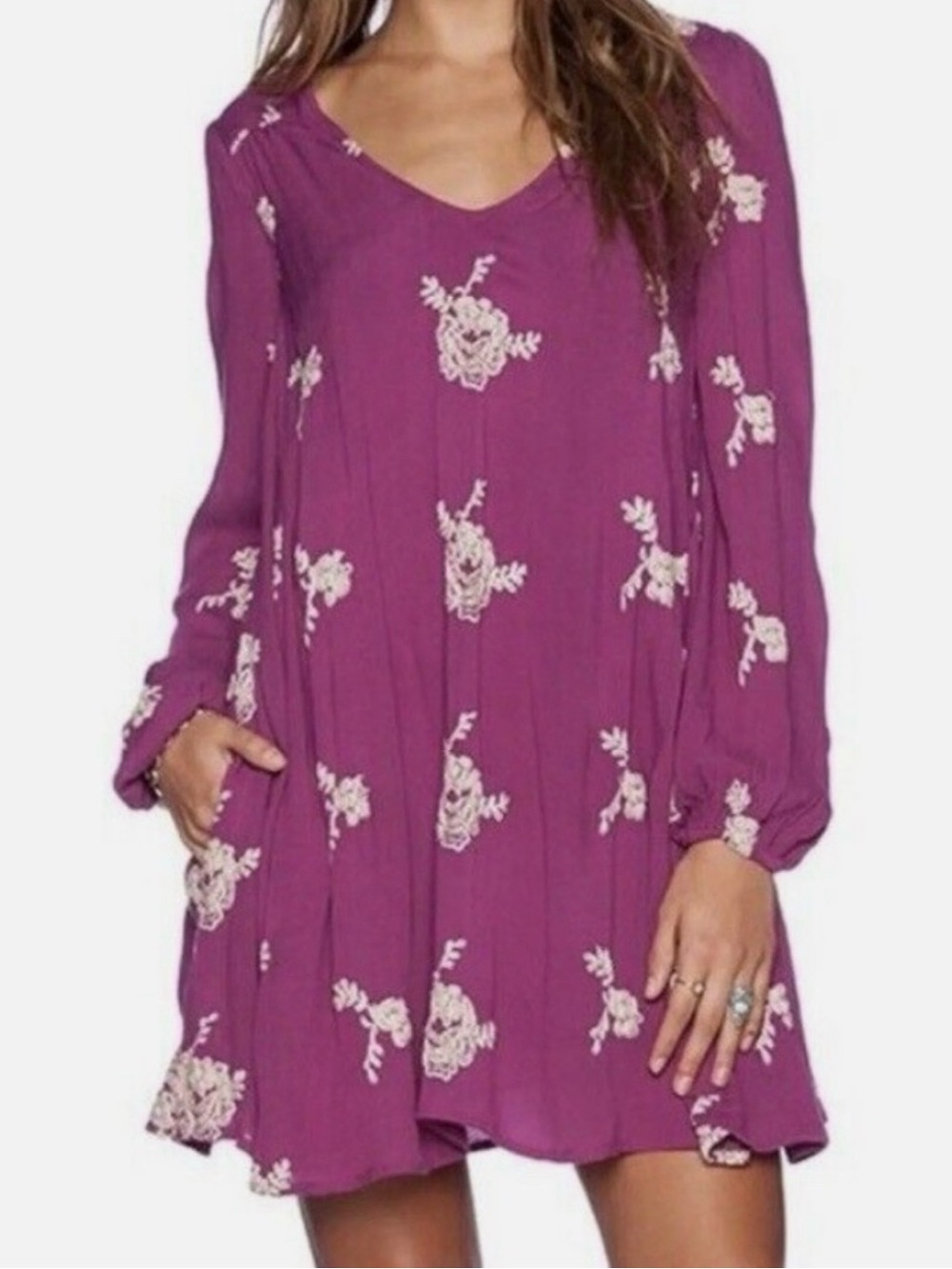 Free People Magenta Emma Floral Embroidered Mini Dress Tunic SP